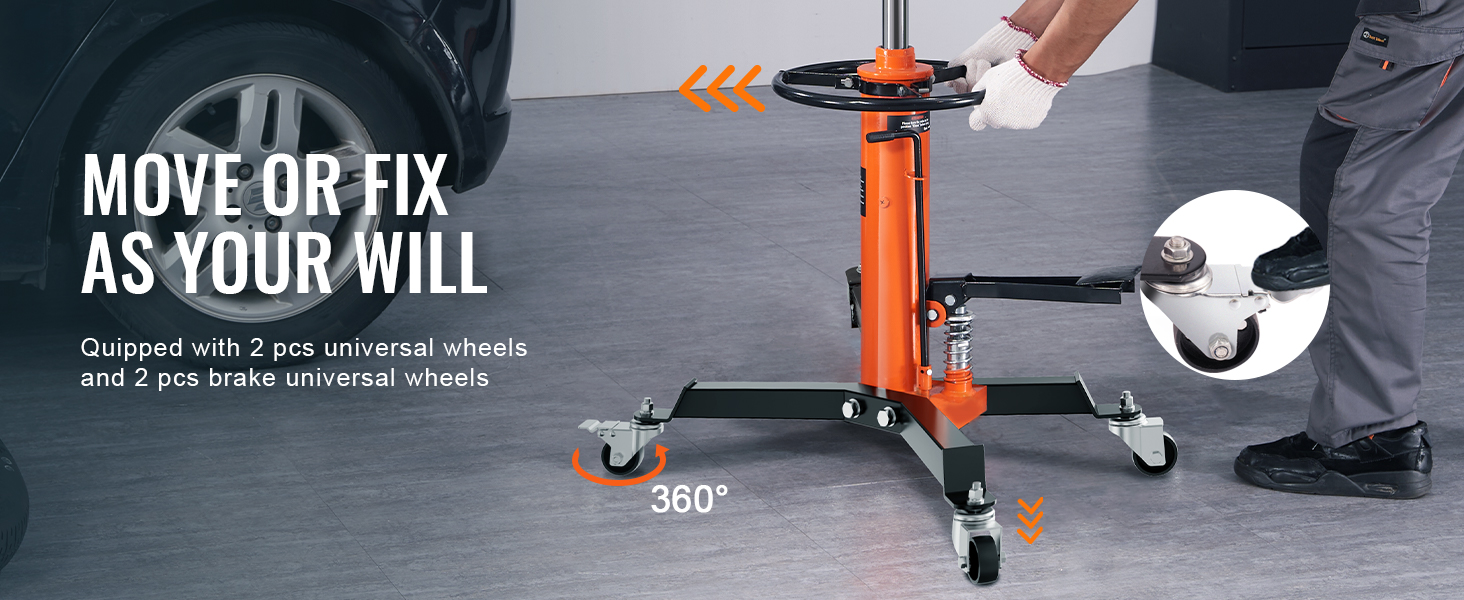 orange VEVOR hydraulic transmission jack with universal and brake wheels in a garage setting.