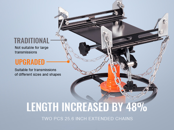 VEVOR hydraulic transmission jack with 48% longer chains for various transmission sizes, showcasing upgrades.