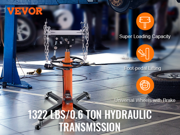 VEVOR hydraulic transmission jack, 1322 lbs capacity, foot-pedal lifting, universal wheels with brake.