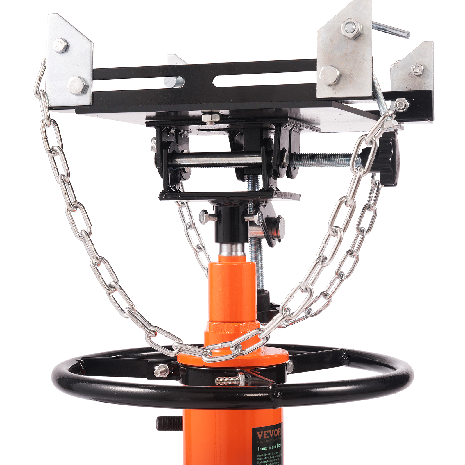 VEVOR hydraulic transmission jack with chains and swivel base, painted in orange and black.