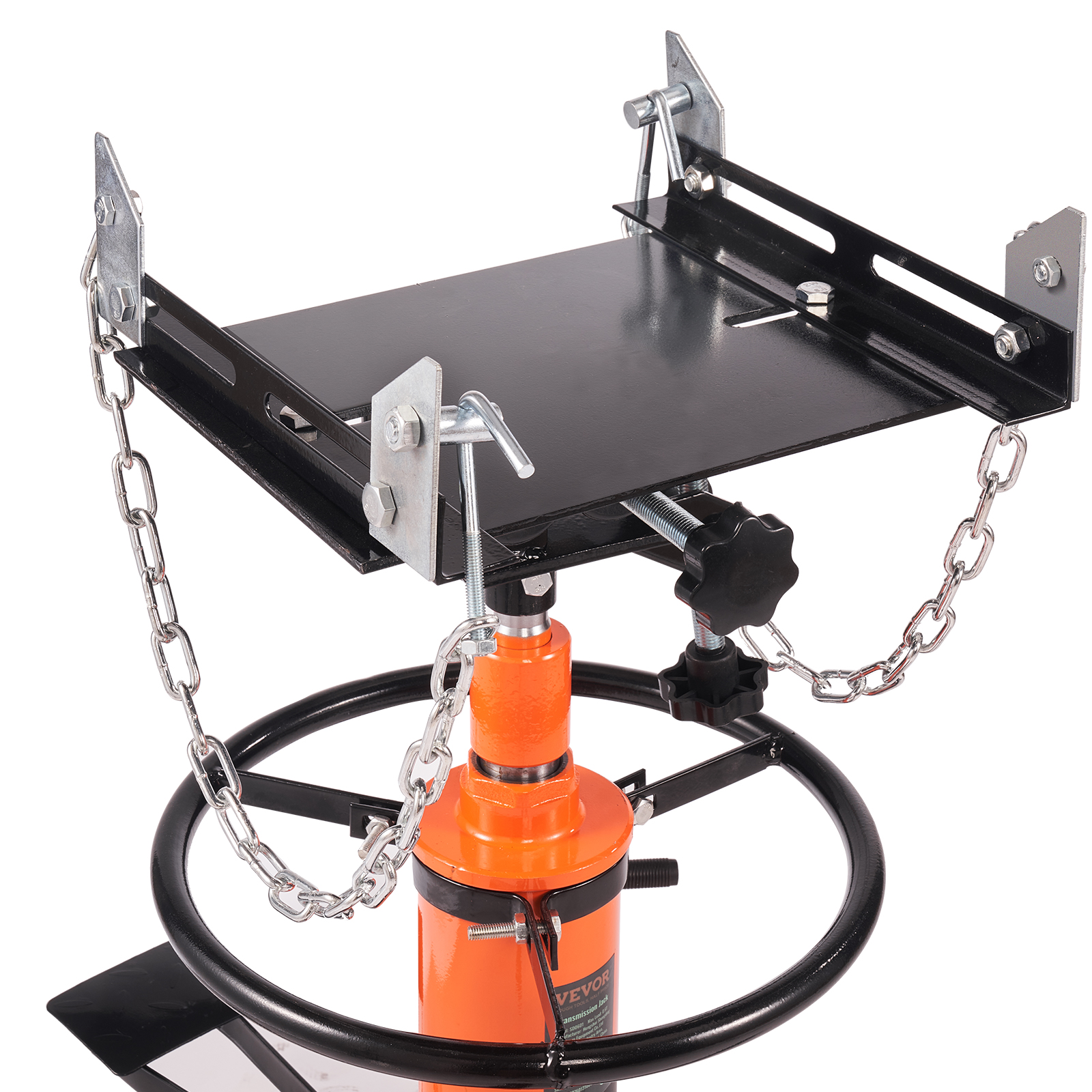 VEVOR hydraulic transmission jack with orange base, adjustable black platform, and safety chains.