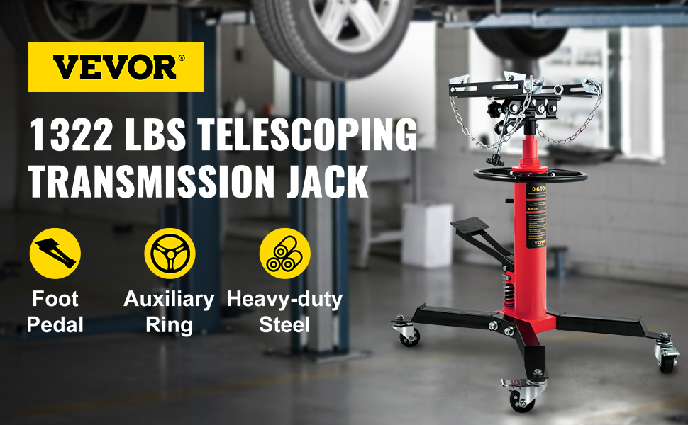 VEVOR transmission jack with foot pedal, auxiliary ring, and heavy-duty steel, supports 1322 lbs.