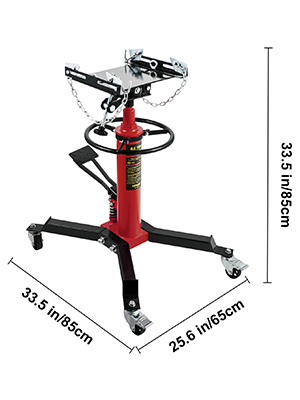 VEVOR transmission jack with height of 33.5 in/85 cm, red base, and four wheels for mobility.