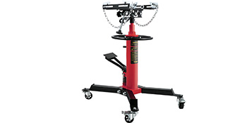 VEVOR transmission jack, hydraulic red base, with swivel casters and adjustable lift arm.
