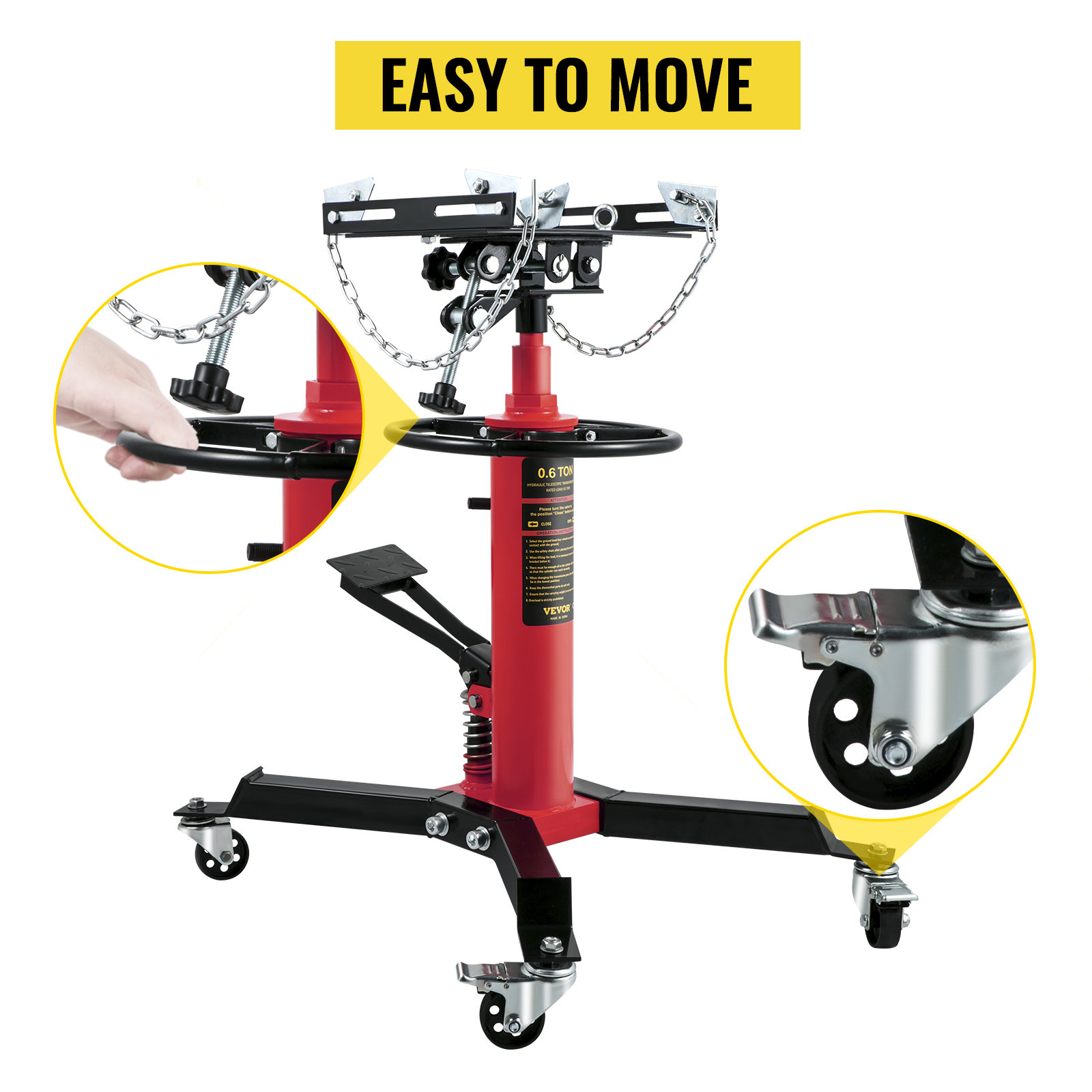 VEVOR transmission jack with adjustable height, swivel caster wheels, and safety chains, easy to move.