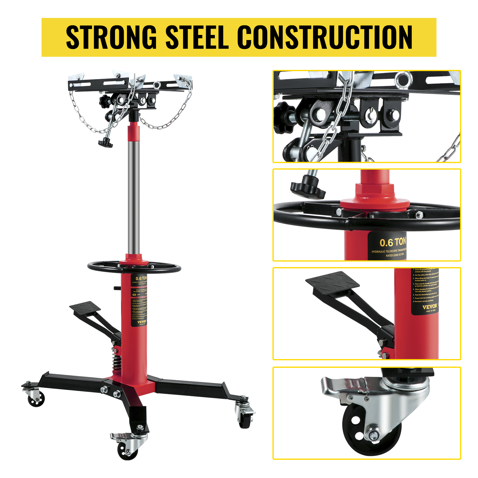 VEVOR transmission jack with strong steel construction, hydraulic pedal, swivel caster wheels, and adjustable handle.