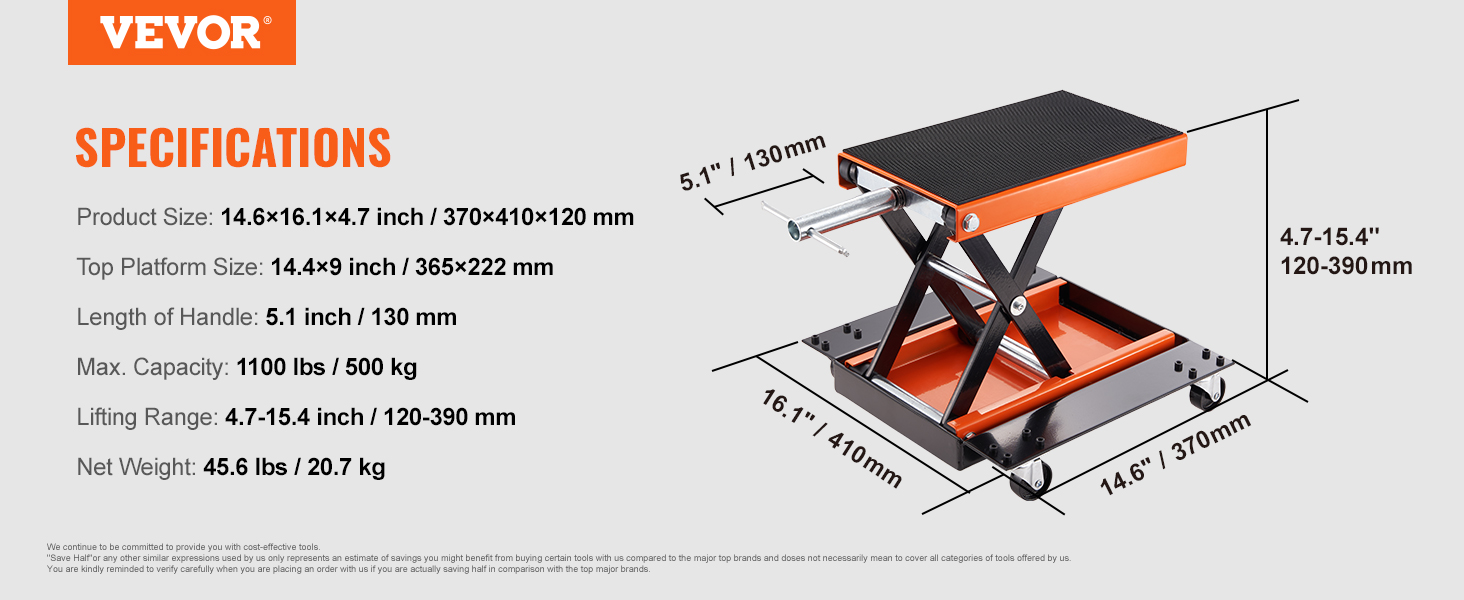 VEVOR motorcycle lift specifications with size, capacity, lifting range, and handle length details.