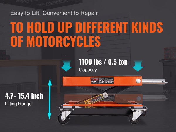 Мотоциклетный подъемник VEVOR грузоподъемностью 1100 фунтов, диапазон подъема 4,7-15,4 дюйма для легкого ремонта мотоциклов.