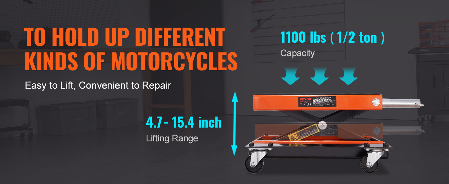 Мотоциклетный подъемник VEVOR грузоподъемностью 1100 фунтов, диапазон подъема 4,7-15,4 дюйма для легкого ремонта мотоциклов.