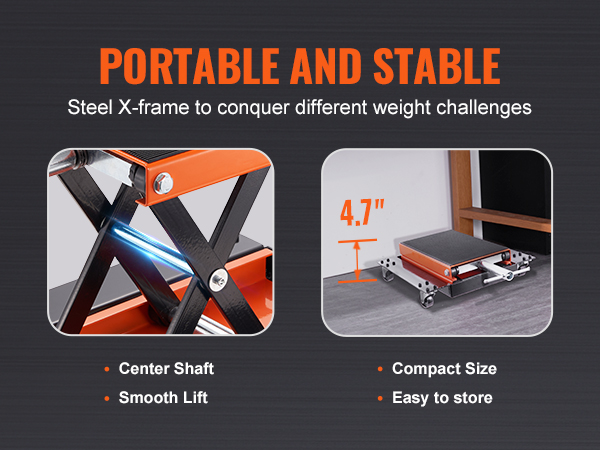 Мотоциклетный подъемник VEVOR со стальной x-образной рамой, центральным валом, плавным подъемом и компактными размерами для удобства хранения.
