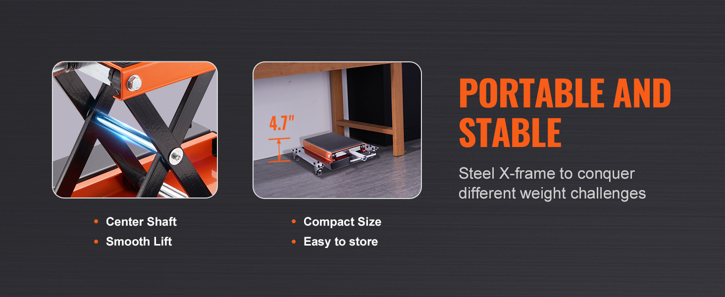 Мотоциклетный подъемник VEVOR со стальной x-образной рамой, центральным валом, плавным подъемом и компактными размерами для удобства хранения.