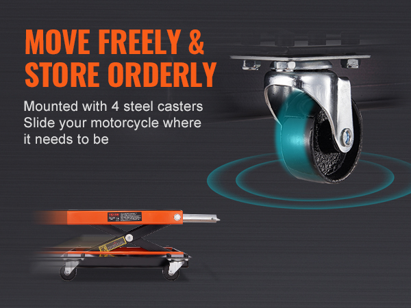Мотоциклетный подъемник VEVOR со стальными роликами обеспечивает легкое маневрирование и организованное хранение.