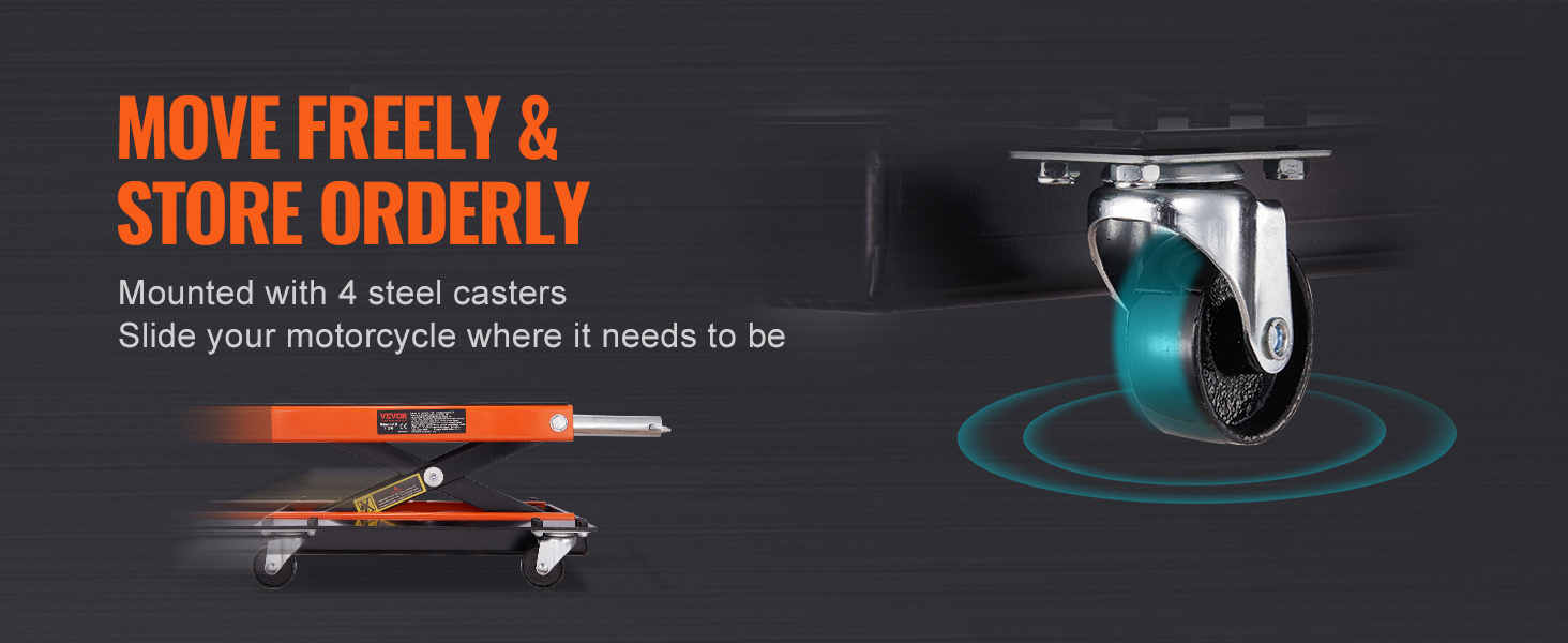 Мотоциклетный подъемник VEVOR со стальными роликами обеспечивает легкое маневрирование и организованное хранение.