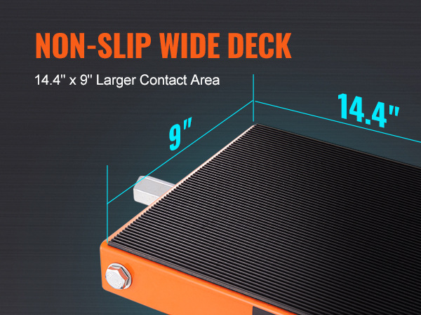 нескользящая широкая палуба мотоциклетного подъемника VEVOR, увеличивающая площадь контакта на 14,4 x 9 дюймов.