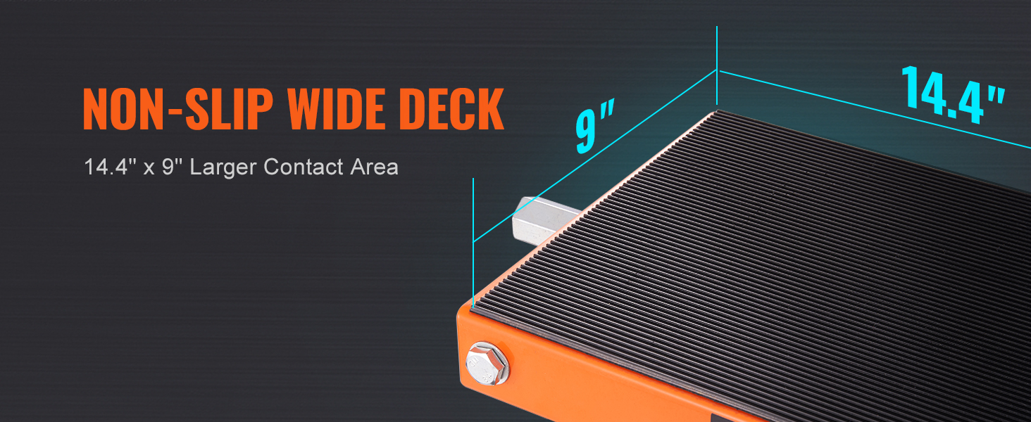 нескользящая широкая палуба мотоциклетного подъемника VEVOR, увеличивающая площадь контакта на 14,4 x 9 дюймов.