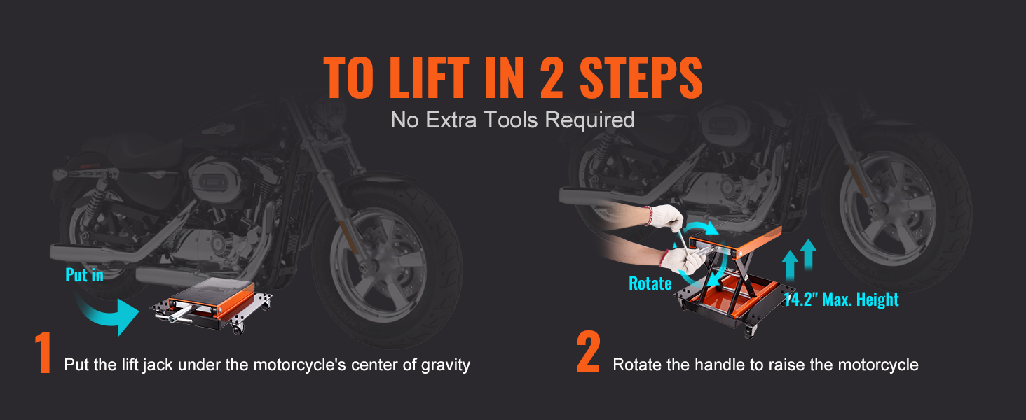Мотоциклетный подъемник VEVOR в работе, поднимающий велосипед в два простых шага: вставьте подъемный домкрат, поверните ручку. инструменты не требуются.