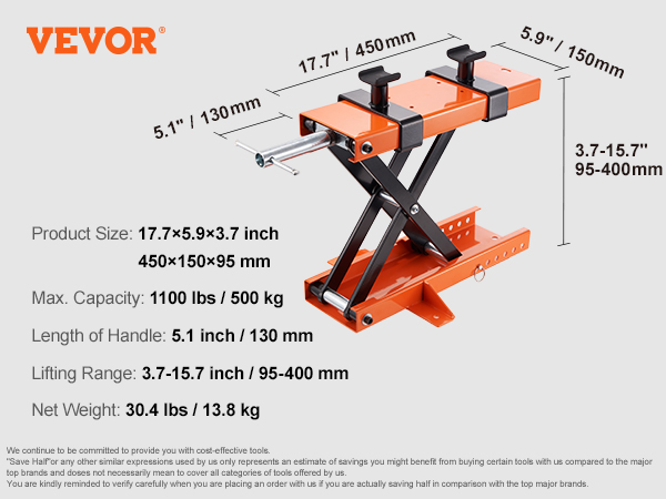 VEVOR motorcycle lift specifications: portable, max capacity 1100 lbs, adjustable lifting range 3.7-15.7 inches.