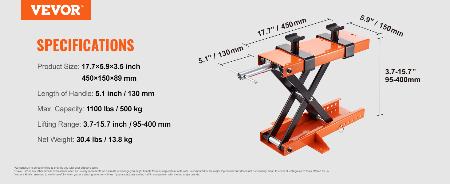 VEVOR motorcycle lift specifications: portable, max capacity 1100 lbs, adjustable lifting range 3.7-15.7 inches.