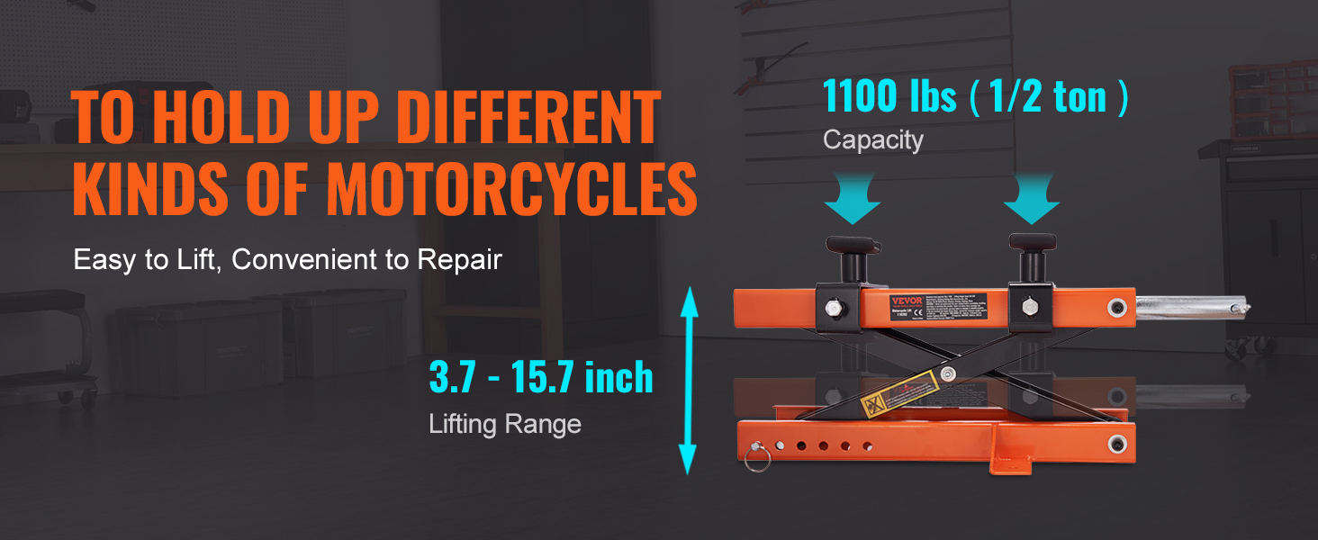 Мотоциклетный подъемник VEVOR грузоподъемностью 1100 фунтов и диапазоном подъема 3,7-15,7 дюйма, прост в подъеме и ремонте.
