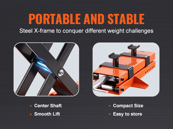портативный и устойчивый мотоциклетный подъемник VEVOR со стальной x-образной рамой, центральным валом и компактными размерами для удобства хранения.