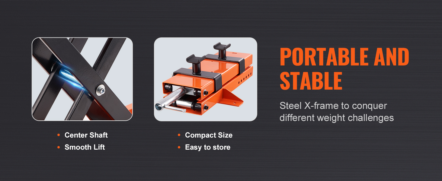 портативный и устойчивый мотоциклетный подъемник VEVOR со стальной x-образной рамой, центральным валом и компактными размерами для удобства хранения.