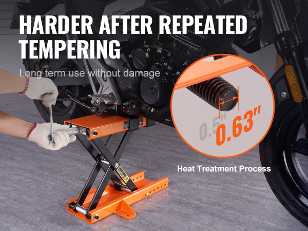 Подъемник для мотоциклов VEVOR оснащен усиленным винтом диаметром 0,63 дюйма, повышающим долговечность после закалки.