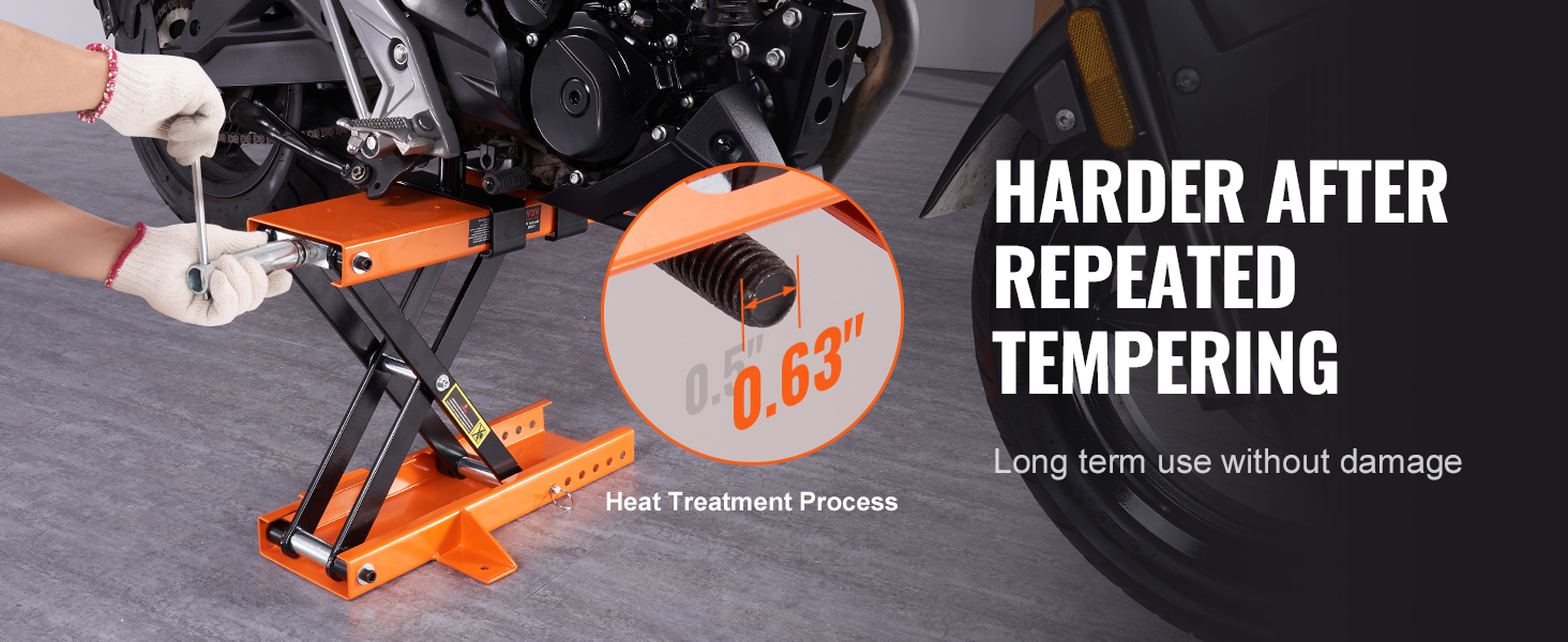 Подъемник для мотоциклов VEVOR оснащен усиленным винтом диаметром 0,63 дюйма, повышающим долговечность после закалки.