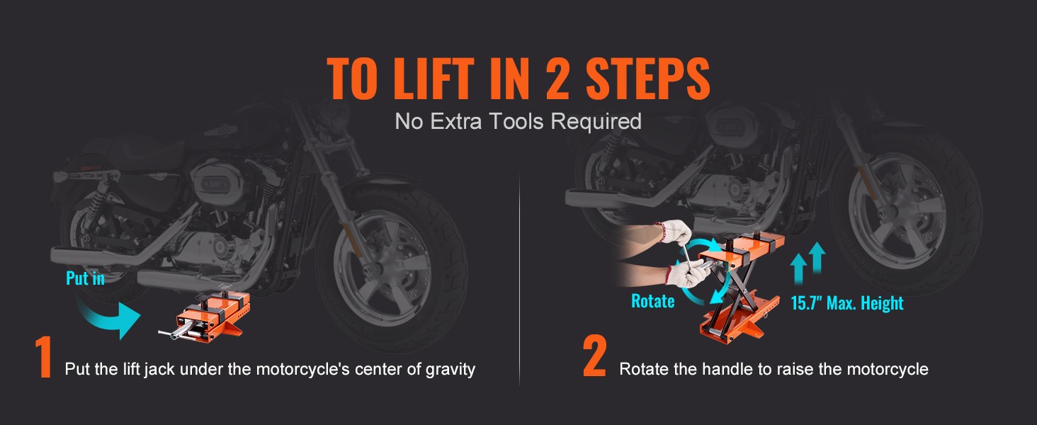 инструкции по использованию подъемника для мотоцикла VEVOR: расположите подъемник под велосипедом, затем поверните ручку, чтобы поднять его.