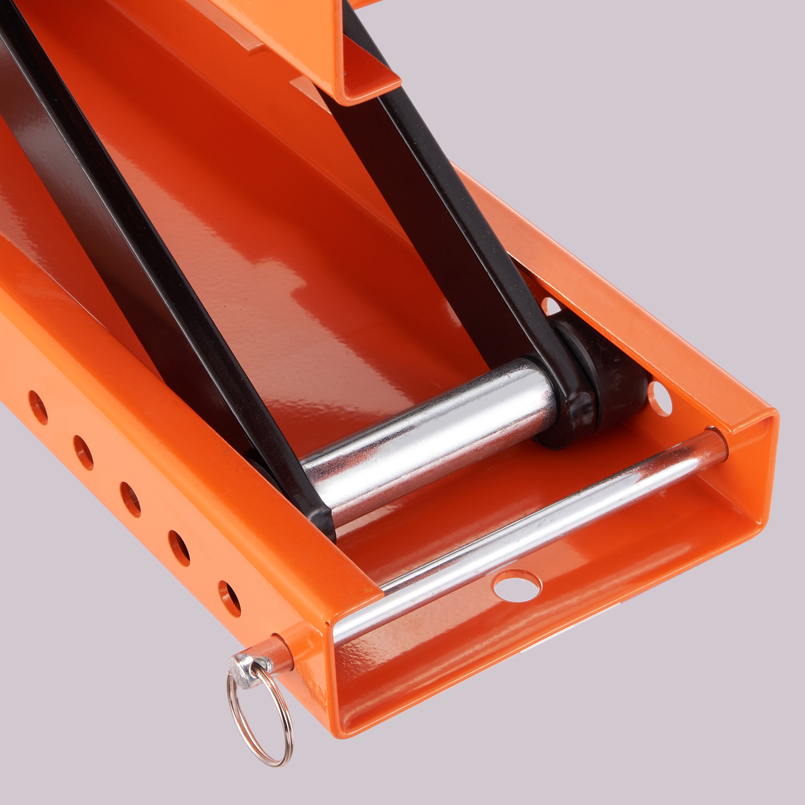 orange VEVOR motorcycle lift detail showing the black lift mechanism and silver support rods.