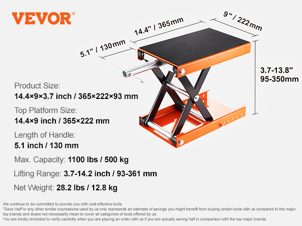VEVOR motorcycle lift specifications: 14.4x9x3.7 inches, capacity 1100 lbs, lifting range 3.7-13.8 inches.