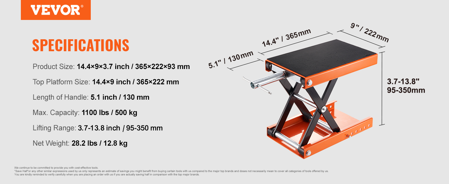 VEVOR motorcycle lift specifications: 14.4x9x3.7 inches, capacity 1100 lbs, lifting range 3.7-13.8 inches.