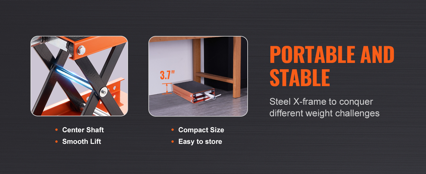 Мотоциклетный подъемник VEVOR с центральным валом, плавным подъемом и компактной, удобной для хранения высотой 3,7 дюйма.