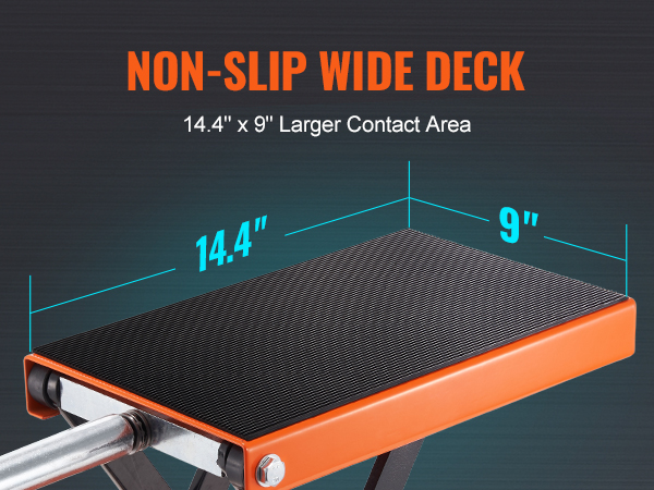 Мотоциклетный подъемник VEVOR с нескользящей широкой площадкой размером 14,4 x 9 дюймов для увеличения площади контакта.