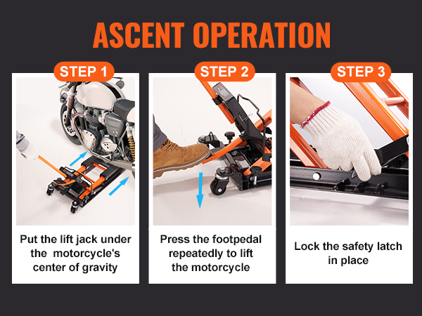 steps for using a VEVOR motorcycle jack stand: position jack, press foot pedal, lock safety latch.