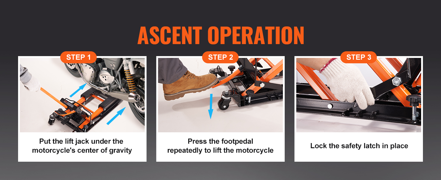 steps for using a VEVOR motorcycle jack stand: position jack, press foot pedal, lock safety latch.