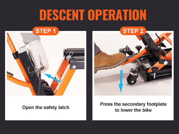 descent operation for VEVOR motorcycle jack stand: open safety latch and press footplate to lower bike.