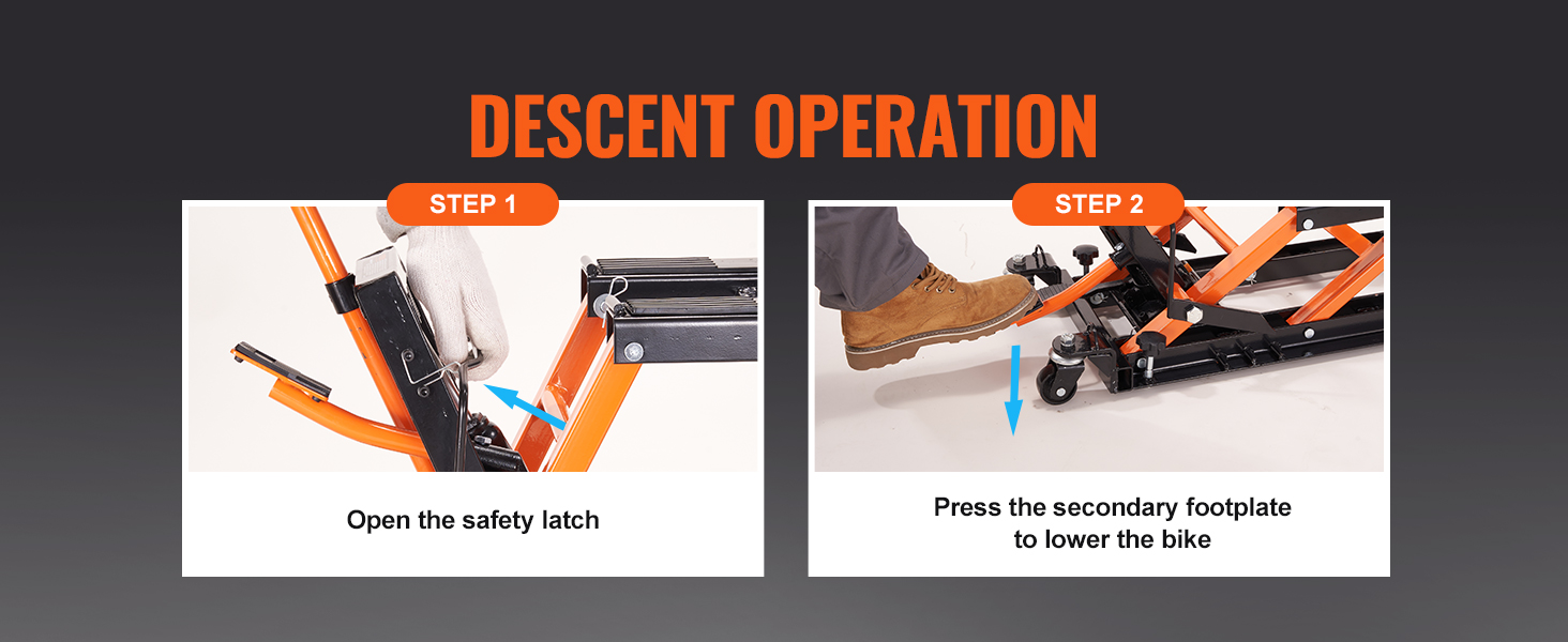 descent operation for VEVOR motorcycle jack stand: open safety latch and press footplate to lower bike.