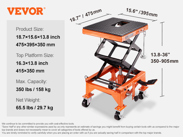 VEVOR hydraulic motorcycle lift specs: dimensions, weight capacity, and lifting range with measurements.