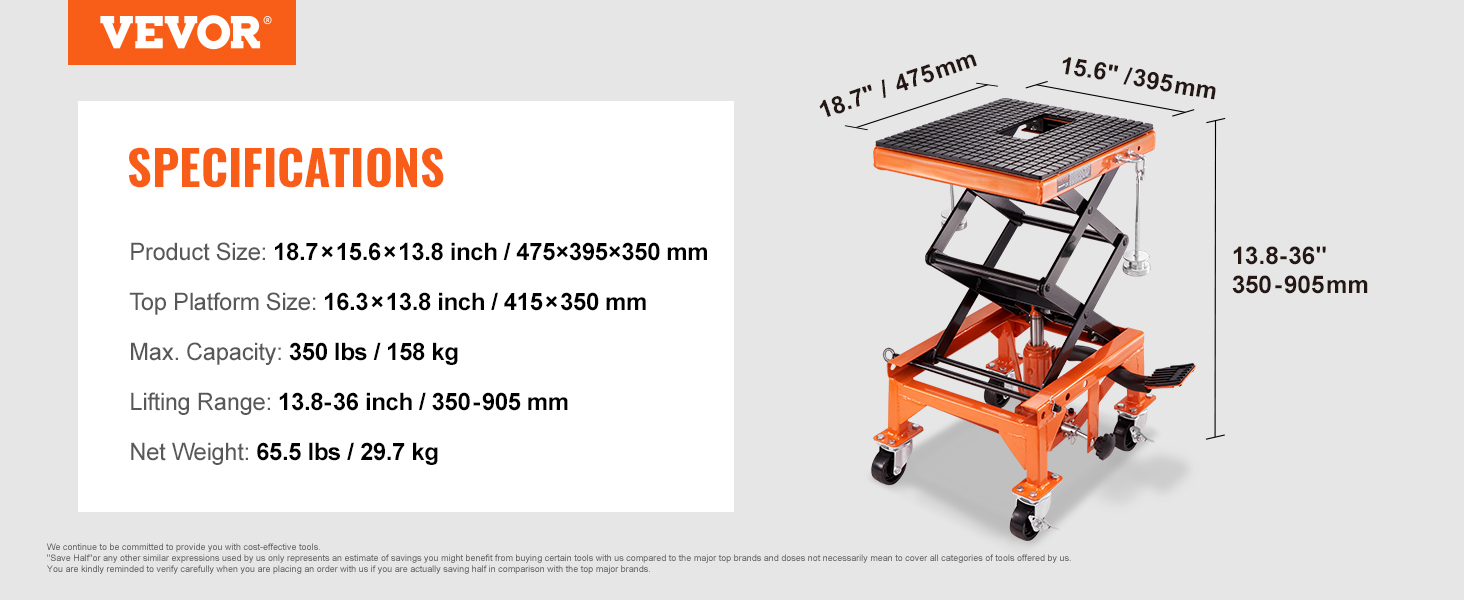 VEVOR hydraulic motorcycle lift specs: dimensions, weight capacity, and lifting range with measurements.