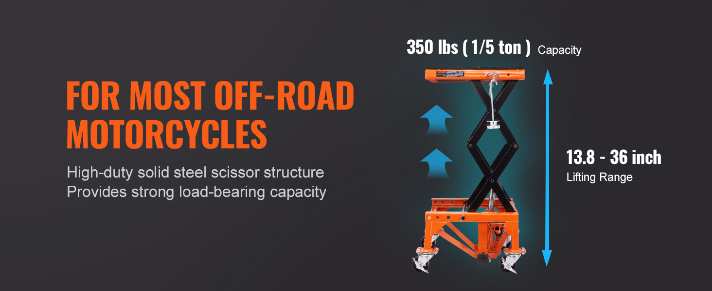 Гидравлический мотоциклетный подъемник VEVOR грузоподъемностью 350 фунтов, диапазон подъема 13,8-36 дюймов, для внедорожных велосипедов.