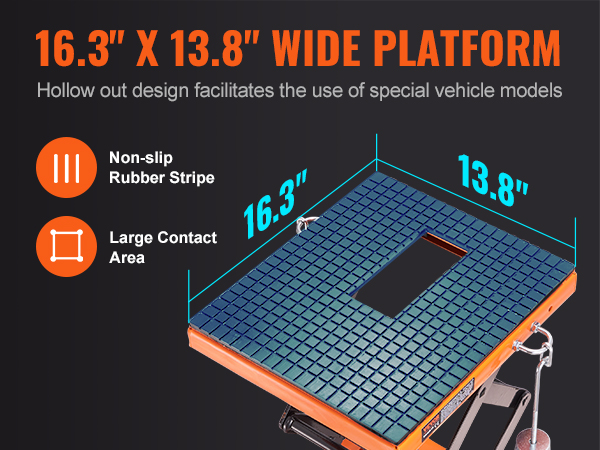платформа 16,3 x 13,8 дюйма для гидравлического мотоциклетного подъемника VEVOR; нескользящая резиновая полоса и большая площадь контакта.