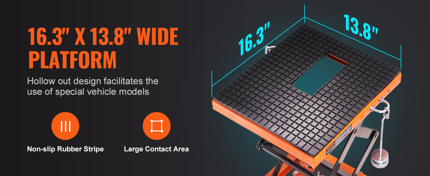 платформа 16,3 x 13,8 дюйма для гидравлического мотоциклетного подъемника VEVOR; нескользящая резиновая полоса и большая площадь контакта.