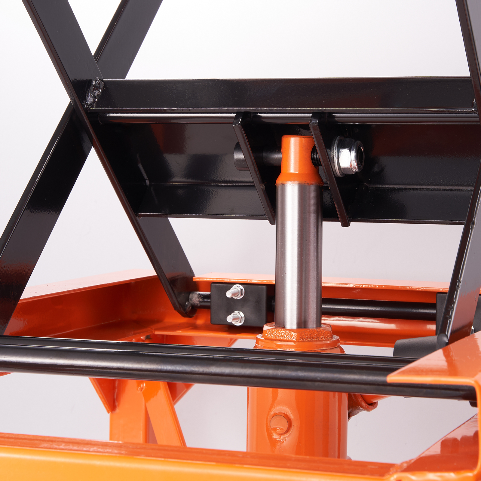VEVOR hydraulic motorcycle lift with sturdy steel frame and durable hydraulic cylinder in orange and black.