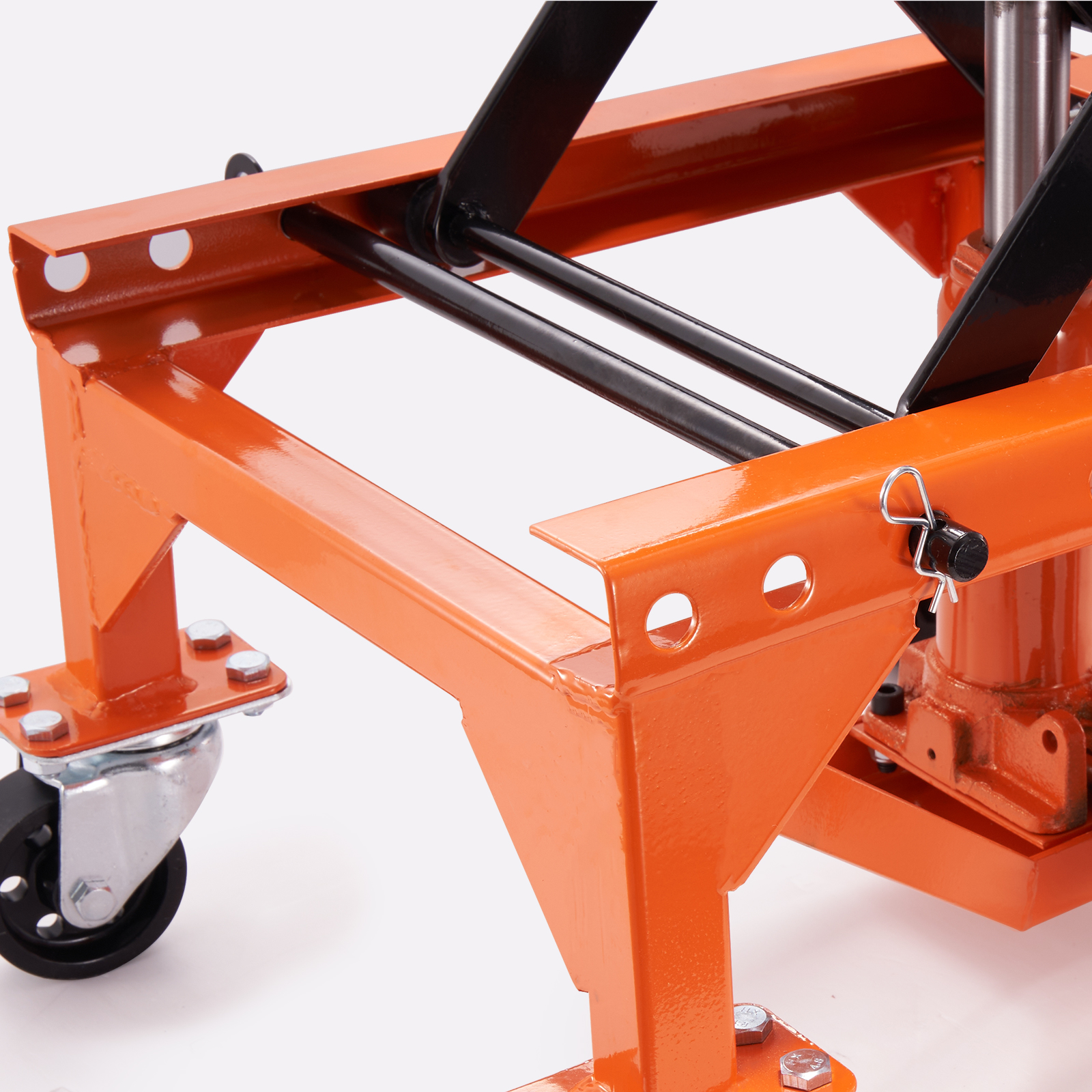 VEVOR hydraulic motorcycle lift with sturdy orange steel frame and caster wheels for easy maneuverability.