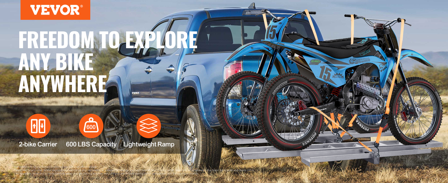 VEVOR motorcycle carrier with two bikes on a blue truck, 600 lbs capacity, lightweight ramp.