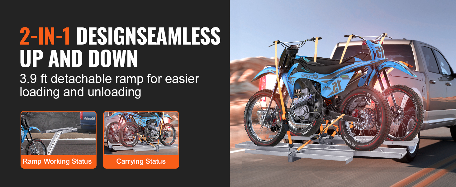 VEVOR motorcycle carrier for trucks, 2-in-1 design with 3.9 ft detachable ramp for easy loading.