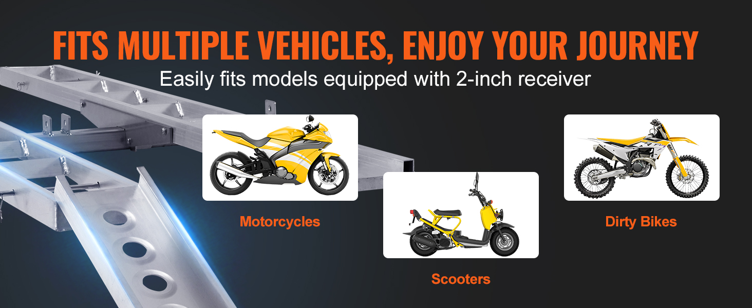 VEVOR motorcycle carrier fits motorcycles, scooters, and dirt bikes with a 2-inch receiver.