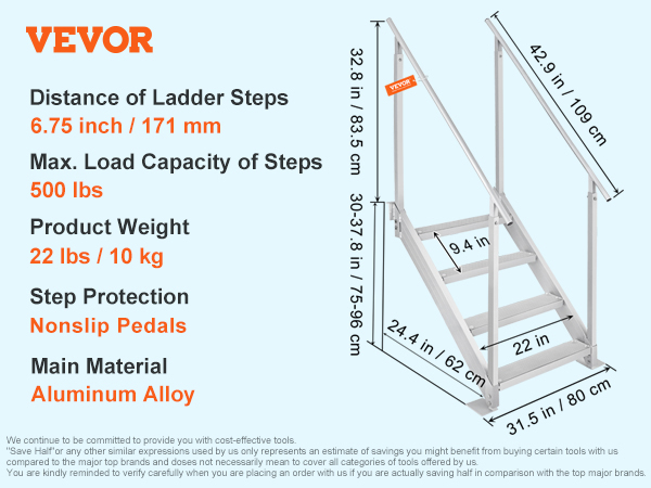 VEVOR 4 steps dock stair with dual handrails, max load 500 lbs, nonslip rubber pads, aluminum alloy.
