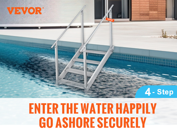 VEVOR dock ladder with dual handrails near pool; 4 steps, 500lbs capacity, adjustable aluminum frame.