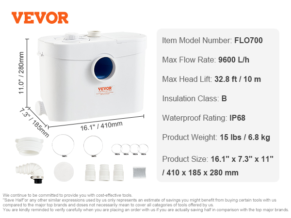 VEVOR maceratora sūknis ar piederumiem, modelis flo700, izmēri 16,1" x 7,3" x 11", maksimālā plūsma 9600 l/h.